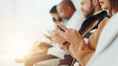 Buy stock photo Hands, woman and typing with phone in waiting room for job interview, sign up and company website. Person, candidates and mobile for research, online application and reading feedback of recruitment