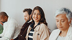 Woman, portrait and happy in queue for interview with pride, confident and ready at recruitment agency. People, group and candidate with smile in waiting room, row and job opportunity at HR company