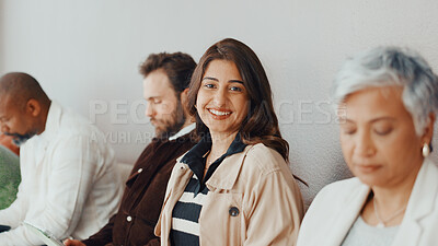 Buy stock photo Woman, portrait and happy in queue for interview with pride, confident and ready at recruitment agency. People, group and candidate with smile in waiting room, row and job opportunity at HR company