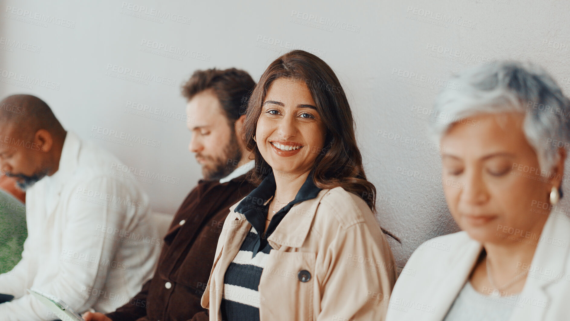 Buy stock photo Woman, portrait and happy in queue for interview with pride, confident and ready at recruitment agency. People, group and candidate with smile in waiting room, row and job opportunity at HR company