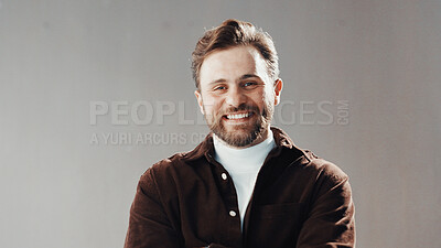 Buy stock photo Smile, professional and portrait of businessman in studio with confidence for career development. Happy, male person and creative director from Italy with pride for job growth by gray background.