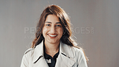 Buy stock photo Happy, professional and portrait of businesswoman in studio with confidence for finance career growth. Smile, person and female financial advisor from Brazil with pride for job by gray background.