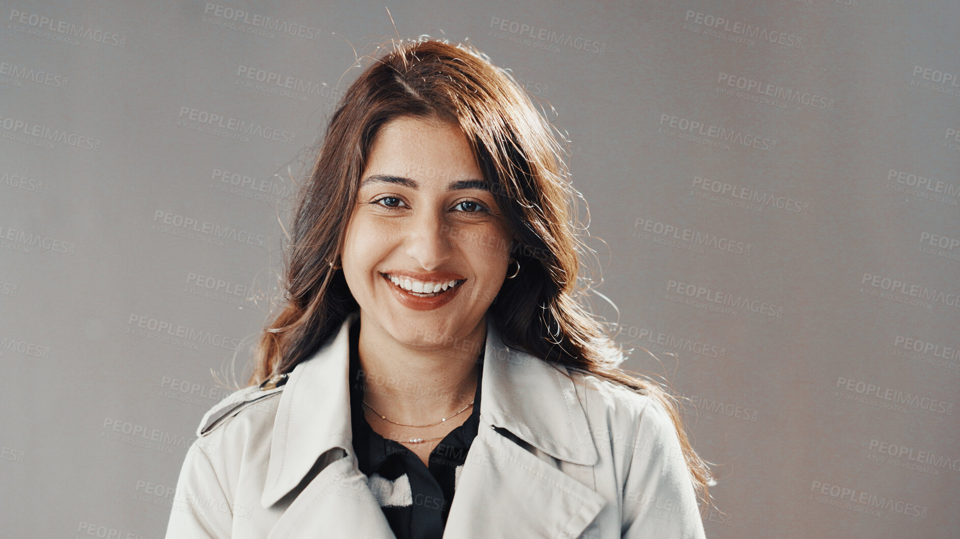 Buy stock photo Happy, professional and portrait of businesswoman in studio with confidence for finance career growth. Smile, person and female financial advisor from Brazil with pride for job by gray background.