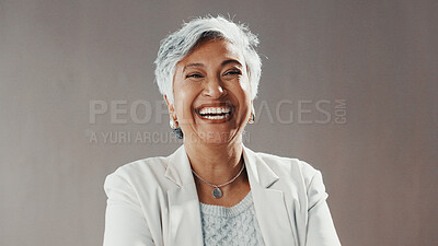 Buy stock photo Laugh, professional and portrait of businesswoman in studio with confidence for finance career development. Happy, female person and mature financial advisor from Mexico with pride by gray background