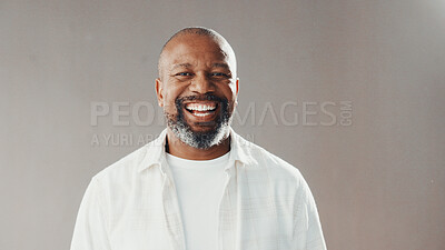 Buy stock photo Happy, professional and portrait of black man in studio with confidence for finance career development. Smile, male person and mature African financial advisor with pride for job by gray background.
