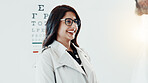 Smile, optometry and glasses with patient and doctor for eye care, results and consulting. Healthcare, ophthalmology and vision with woman in clinic for exam, eyesight and new prescription or frame