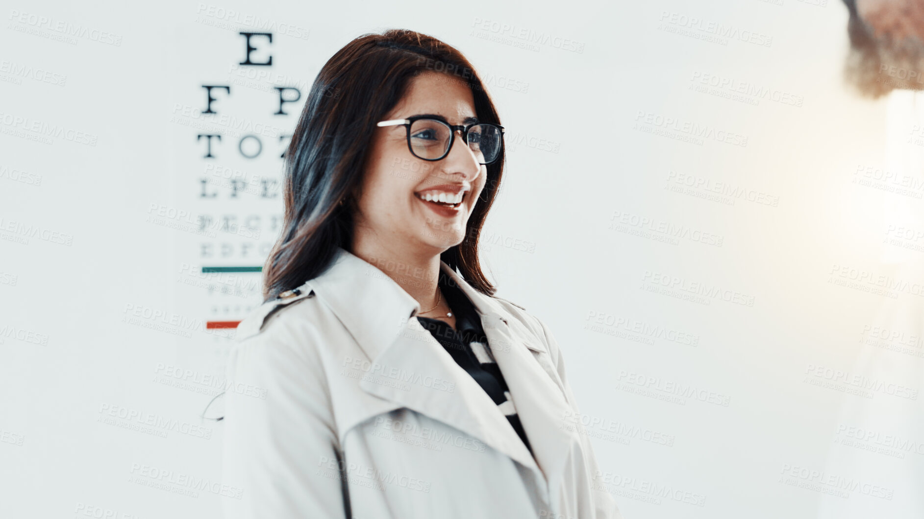 Buy stock photo Smile, optometry and glasses with patient and doctor for eye care, results and consulting. Healthcare, ophthalmology and vision with woman in clinic for exam, eyesight and new prescription or frame