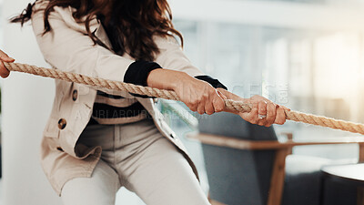 Buy stock photo Hands, team and tug of war at office with rope pulling games, challenge and test at company. Business people, collaboration and group with battle, contest and synergy for competition at workplace