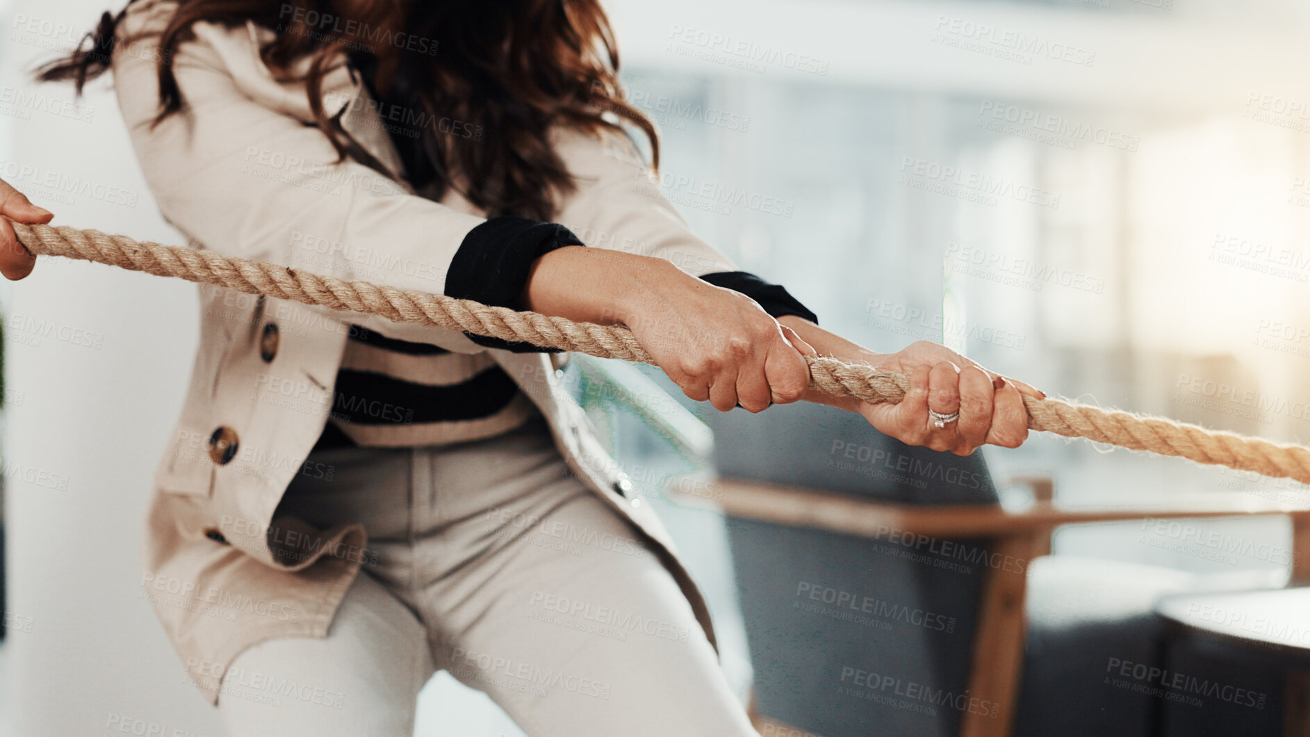 Buy stock photo Hands, team and tug of war at office with rope pulling games, challenge and test at company. Business people, collaboration and group with battle, contest and synergy for competition at workplace