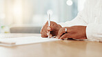 Sign, documents and hands of business woman in office for deal, contract and agreement. Corporate, onboarding and workers with signature on paperwork for company form, partnership and application