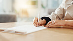 Signature, documents and hands of business woman in office for deal, contract and agreement. Corporate, onboarding and worker with signature on paperwork for company form, partnership and application