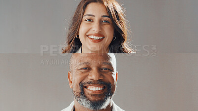 Buy stock photo Collage, happy and portrait of business people in studio for about us, company staff and team. Professional, corporate and face of man and woman with confidence, pride and smile on white background