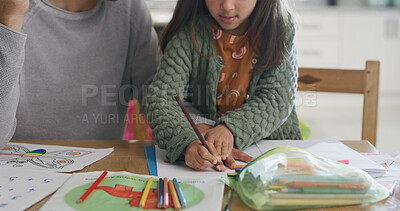 Buy stock photo Drawing, hands and dad with child in home for learning colors, creative activity and homework together. Family, bonding and father with girl in house with paper for education, development and help