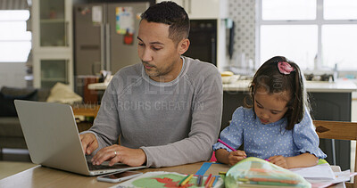 Buy stock photo Remote work, dad and child with homework, home or creative with preschool project, skills or growth. Girl, learn and development with education, father or man with laptop for freelance task in house