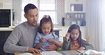 Father, helping and children for education at house for learning, drawing sketch and homework. Man, stationary and kids with color pencil choice of art project, studying support and creative activity