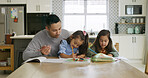 Books, dad and help children with homework in home with coloring, creative activity and homeschool. Family, kindergarten education and people at table for learning support, development and knowledge