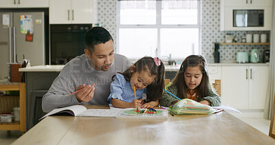 Buy stock photo Books, dad and help children with homework in home with coloring, creative activity and homeschool. Family, kindergarten education and people at table for learning support, development and knowledge