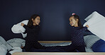 Pillow fight, smile and adhd with kids on bed for hyperactivity, playful and bonding. Sensory stimulation, happy and entertainment with children in bedroom of home for funny, energy and game together