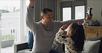 Dancing, happy and father with child in home for fun, excitement or bonding together in living room. Smile, connection and dad with girl kid for moving to music, radio or playlist in apartment.