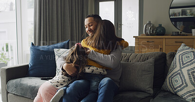Buy stock photo Smile, man and children on sofa with hug, bonding together and love for memory in home. Support, trust and happy father with kids in living room with family, relax and embrace with dad in house