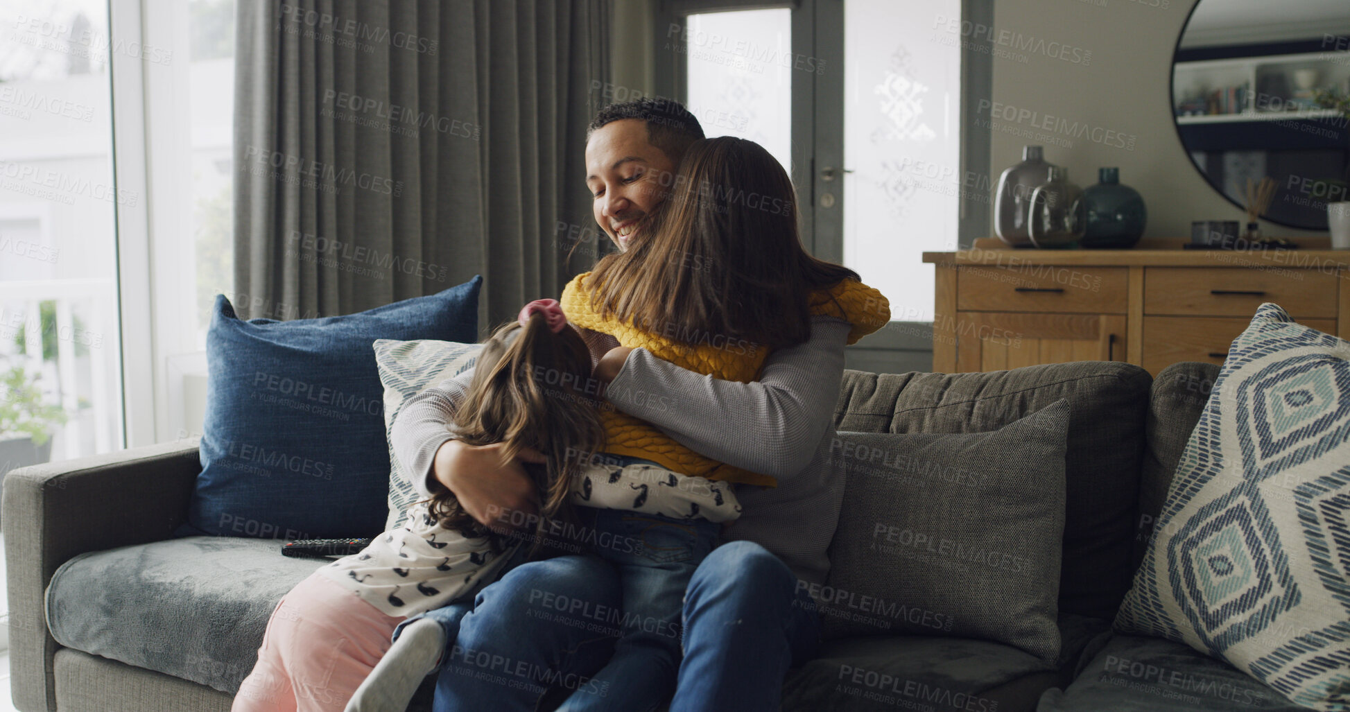 Buy stock photo Smile, man and children on sofa with hug, bonding together and love for memory in home. Support, trust and happy father with kids in living room with family, relax and embrace with dad in house