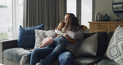 Buy stock photo Family, man and happy kids on sofa with hug, bonding together and love for memory in home. Support, trust and father with children in living room with smile, relax and embrace with dad in house