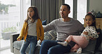 Girls, father and smile on sofa with hug, bonding together and love for watching tv in home. Movie, couch and happy man with kids in living room with family, relax and embrace with dad in house