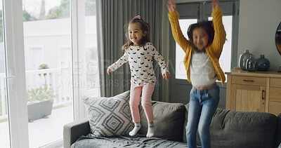 Buy stock photo Jumping, energy and ADHD with kids on sofa for hyperactivity, playful and bonding. Sensory stimulation, dancing and entertainment with children in living room of home for fun and game together