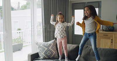 Buy stock photo Jumping, playful and ADHD with kids on sofa for hyperactivity, energy and bonding. Sensory stimulation, dancing and entertainment with children in living room of home for funny and game together