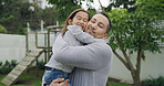 Hug, backyard and portrait of father with child for bonding, love and family time together. Happy, care and dad embracing girl kid for connection outdoor in garden for support, safety and fun.