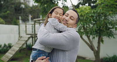 Buy stock photo Hug, backyard and portrait of father with child for bonding, love and family time together. Happy, care and dad embracing girl kid for connection outdoor in garden for support, safety and fun.