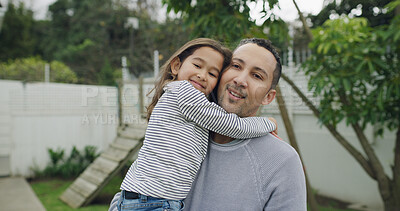 Buy stock photo Hug, backyard and portrait of father with kid for bonding, love and family time together. Happy, care and dad embracing girl child for connection outdoor in garden for support, safety and fun.