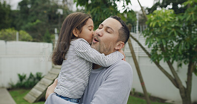 Buy stock photo Kiss, happy and dad with girl in backyard for bonding, affection and relax outdoor on weekend. Family, love and father with child for embrace, hug or connection together for support, care and playful