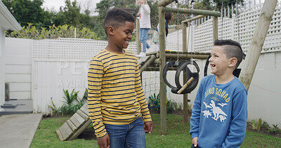 Buy stock photo Happy, friends and boys at playground in backyard for having fun, bonding and playing together. Youth, childhood and kids with outdoor recreation park for adventure on holiday, weekend and vacation