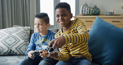 Buy stock photo Video games, friends and boys on sofa in home for playing, fun and online entertainment together. Childhood, living room and kids with controller for gaming, competition and winning on weekend