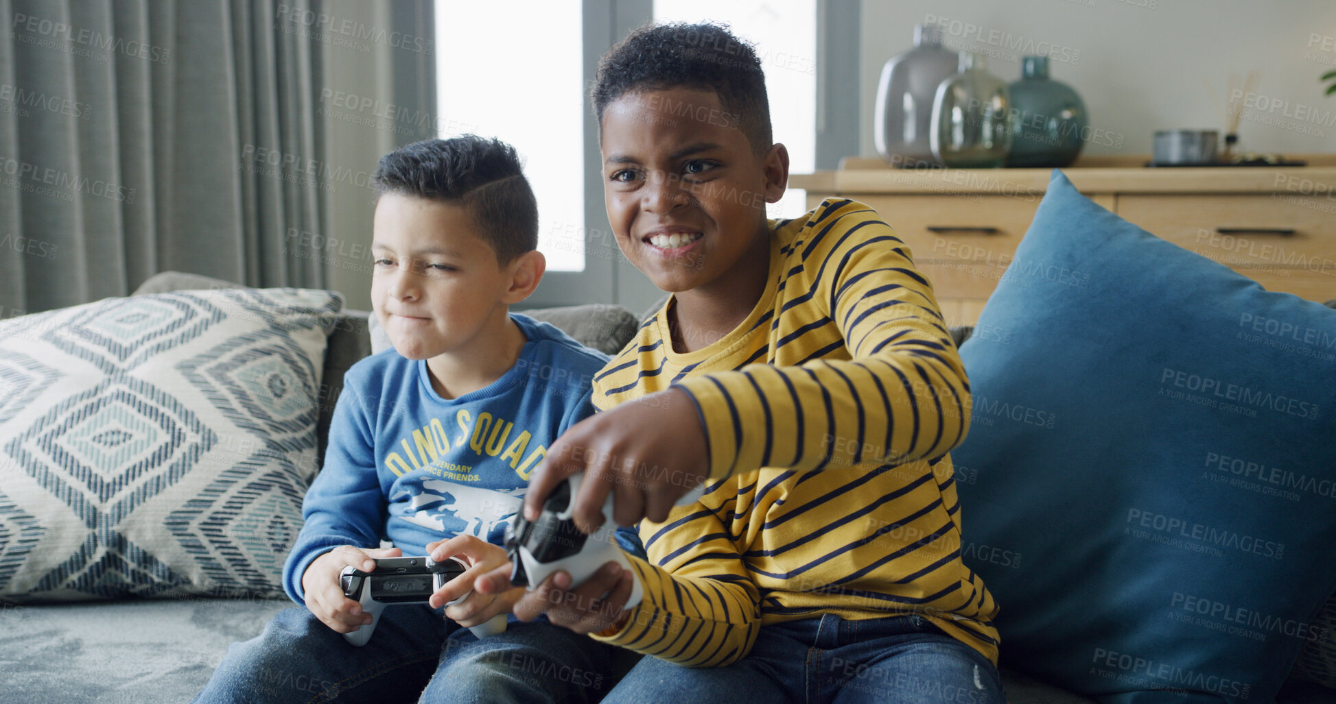 Buy stock photo Video games, friends and boys on sofa in home for playing, fun and online entertainment together. Childhood, living room and kids with controller for gaming, competition and winning on weekend