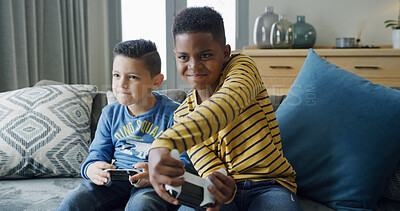 Buy stock photo Video games, friends and kids on sofa in home for playing, fun and online entertainment together. Childhood, living room and children with controller for gaming, competition and winning on weekend