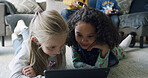 Relax, friends and kids with tablet in home for movie, internet app or streaming cartoon. Girls, living room and children with technology to watch show together, entertainment and smile on floor