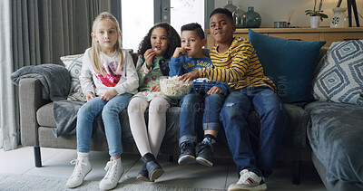 Buy stock photo Happy kids, friends and watching tv with popcorn on sofa for movie or online entertainment. People, group or children eating snack with show for streaming subscription, cartoon or series in home