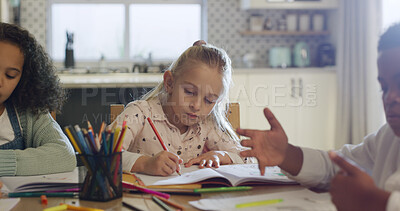 Buy stock photo Drawing, education and homework with friends in house for learning, class project and color. Knowledge, growth and students or kids in home for child development, art lesson and study together