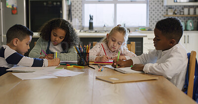 Buy stock photo Writing, study and homework with kids in house for education, class project and assessment. Knowledge, growth and students or friends in home for child development, math lesson and learning together