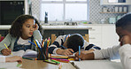 Bored, tired and kids for education at house for learning, group project and homework burnout. Exhausted, children and study fatigue with exam pressure, academic problem and laziness for assignment
