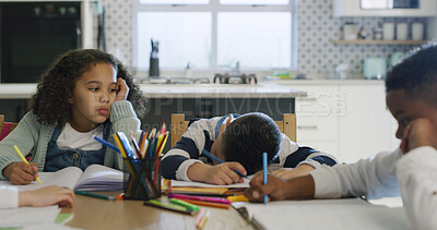 Buy stock photo Bored, tired and kids for education at house for learning, group project and homework burnout. Exhausted, children and study fatigue with exam pressure, academic problem and laziness for assignment