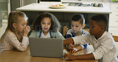 Buy stock photo Education, laptop and student kids in dining room together for distance learning or home school. Computer, homework and research with group of friends in apartment for development, growth or study