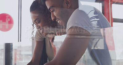 Buy stock photo Happy, adoption center and couple with pet choice for bonding, companion and best friend. Animal shelter, rescue and man with woman for foster care, volunteering and community service at kennel