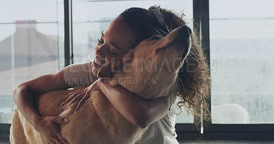 Buy stock photo Happy woman, hug or dog with love for adoption, animal care or best friend at shelter. Female person, customer or adopt with pet or embrace for canine welfare, trust or support in foster center