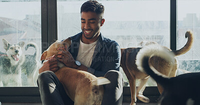 Buy stock photo Adoption center, happy and man with dog for bonding, companion and comforting in kennel. Animal shelter, rescue sanctuary and person with pets for foster care, volunteer work and community service
