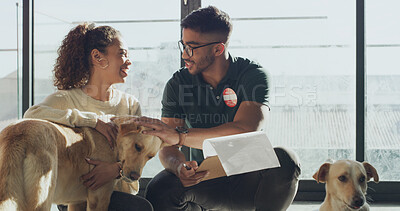 Buy stock photo Animal shelter, people and volunteer with dogs, affection or clipboard for adoption or domestic pet. Rescue center, attendant and man with checklist for agreement, woman and process for foster care
