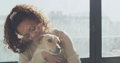 Buy stock photo Woman, dog or hug with love for animal care, adoption or best friend at indoor shelter. Female person, owner or adopt with pet companion, embrace or trust for canine welfare, support or doggy center