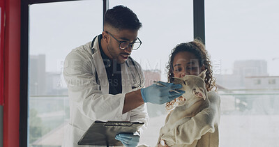 Buy stock photo Adoption, clipboard and vet with dog for foster application, health check and pet information. Animal shelter, sanctuary and man with paperwork for woman for puppy rescue, care and approval process